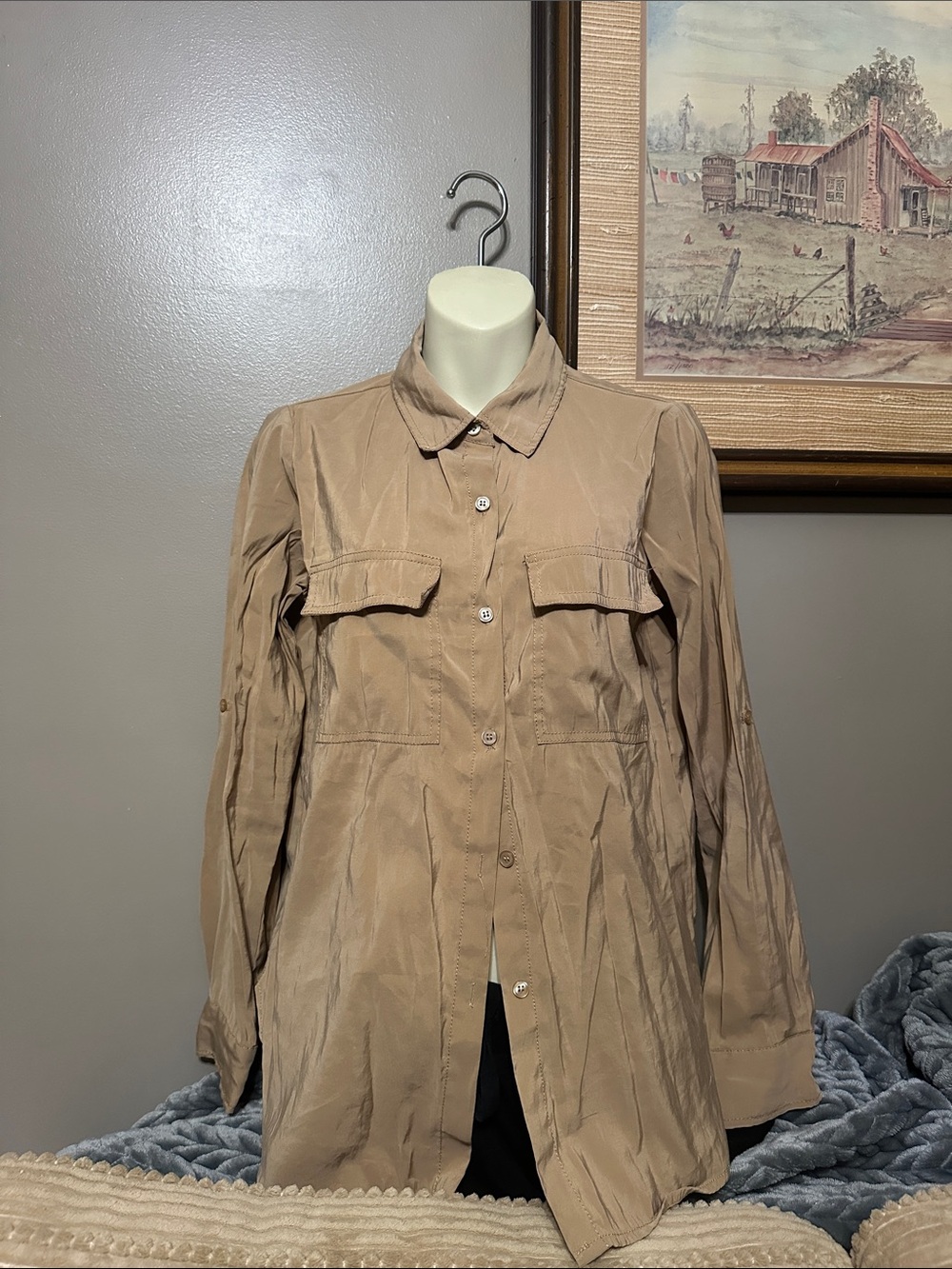 Max Studio Golden Tan Utility Button-Front Shirt size small